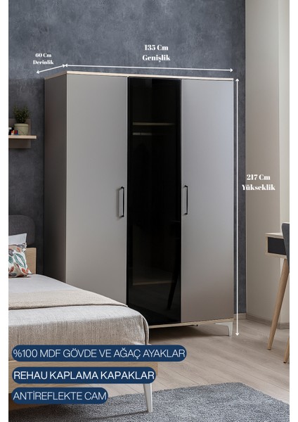 Deniz MDF 3 Kapaklı Çekmeceli Genç Odası Dolabı | Ağaç Ayaklar | REHAU Kaplama Kapaklar | Antireflekte Cam Kapak fiyatları