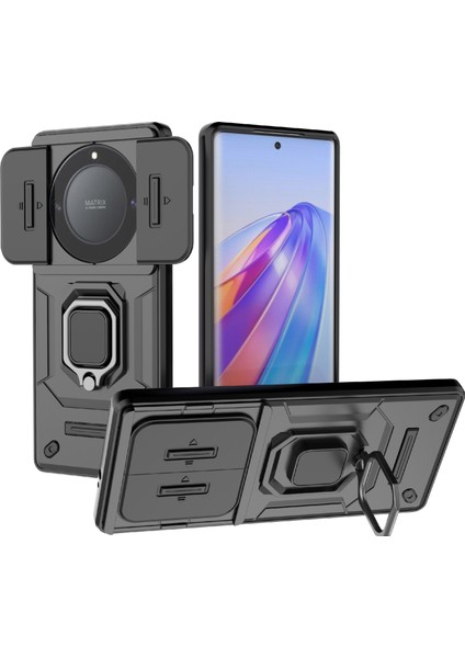 Honor X40 5G/X9A 5g/magic5 Lite 5g Kılıf Telefon Ayaklı Kapak Sürgülü Lens Koruyucu-Siyah (Yurt Dışından)