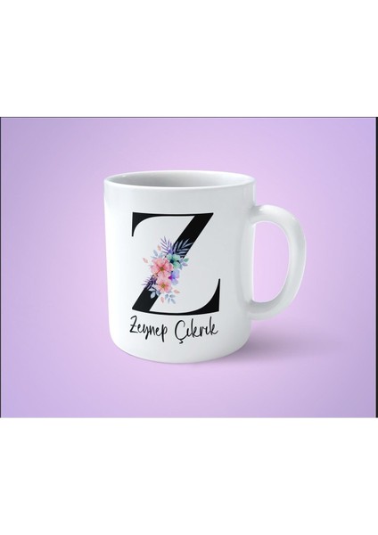 Çiçekli Z Harfli Isim Baskılı Beyaz Kupa Bardak, Şık ve Kişisel Hediye Seçeneği
