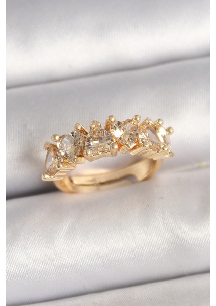 Pirinç Gold Renk Zirkon Taşlı Kalp Model Ayarlanbilir Kadın Yüzük