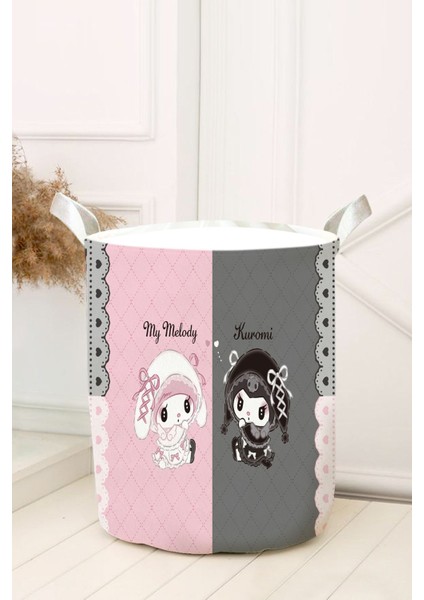 Pembe Gri Şeritli Kuromi ve Melody Bebek ve Çocuk Odası Oyuncak Sepeti