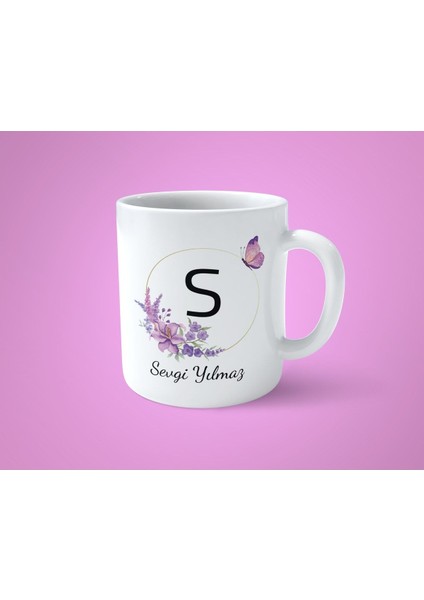 Kişiye Özel S Harfli Mor Çerçeveli Beyaz Kupa Bardak