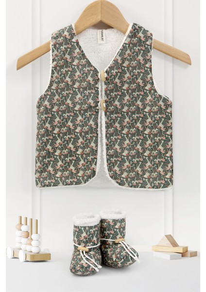 Erkek Bebek Yelek ve Patik Takımı 2 Li Set Çift Taraflı Düğmeli Yenidoğan Pamuklu Koyun Tüyü Miko