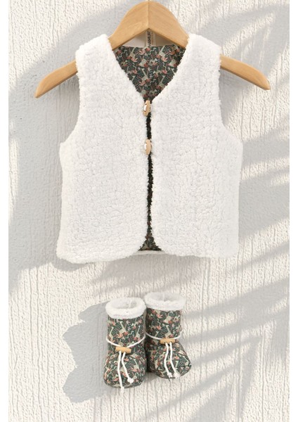 Erkek Bebek Yelek ve Patik Takımı 2 Li Set Çift Taraflı Düğmeli Yenidoğan Pamuklu Koyun Tüyü Miko