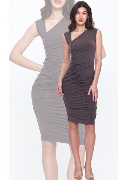 Gri Önde Büzgü Tasarım Yaka Detaylı Elbise Gündüz-Gece Şıklığı 25L8024