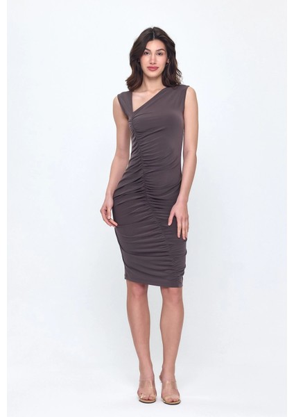 Gri Önde Büzgü Tasarım Yaka Detaylı Elbise Gündüz-Gece Şıklığı 25L8024 fırsatları