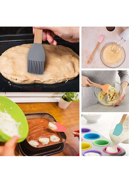 Pastel Renk Bambu Saplı Mini Silikon Pişirme Seti, 6 Parça, 21 cm