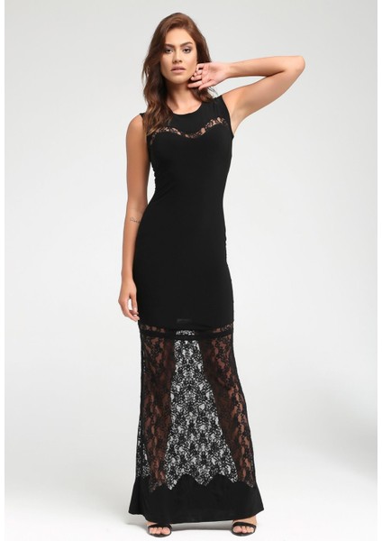 Siyah Dudak Yaka Yakada ve Etek Ucunda Dantel Detaylı Düğün Davet Abiye Mezuniyet Elbisesi 24L7543