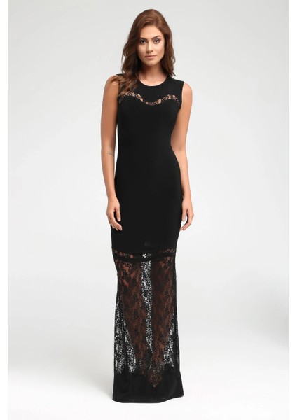 Siyah Dudak Yaka Yakada ve Etek Ucunda Dantel Detaylı Düğün Davet Abiye Mezuniyet Elbisesi 24L7543 fiyatları