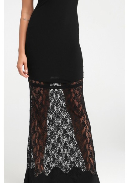 Siyah Dudak Yaka Yakada ve Etek Ucunda Dantel Detaylı Düğün Davet Abiye Mezuniyet Elbisesi 24L7543 fırsatları