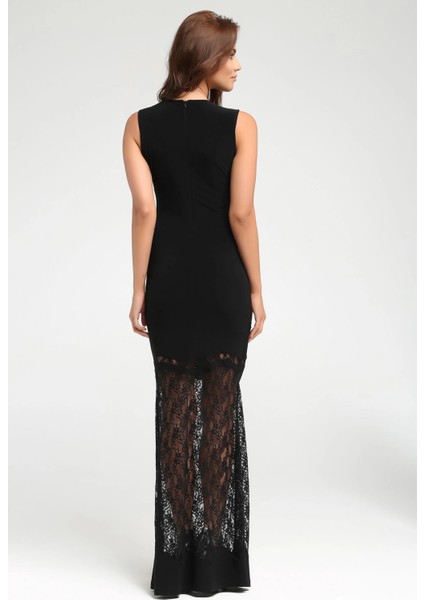 Siyah Dudak Yaka Yakada ve Etek Ucunda Dantel Detaylı Düğün Davet Abiye Mezuniyet Elbisesi 24L7543 indirimleri