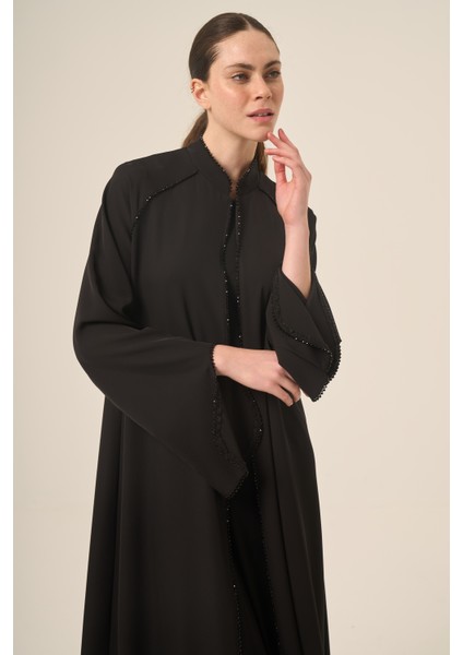 Dizili Kristal Taş Detaylı Hakim Yaka Iki Parça Abaya 6509-25 Siyah fiyatları
