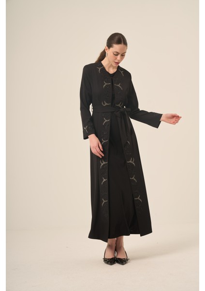 Si̇yah Iki̇ Parça Kri̇stal Taş Detaylı Abaya 6517-25 Siyah