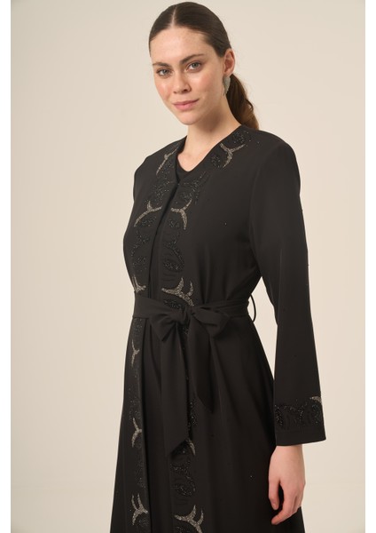 Si̇yah Iki̇ Parça Kri̇stal Taş Detaylı Abaya 6517-25 Siyah modelleri