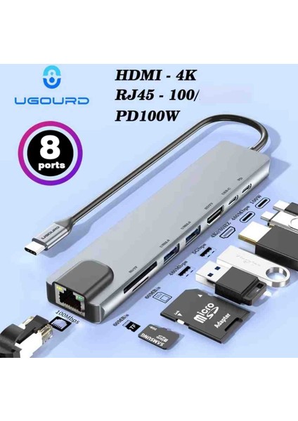 8'in 1'i Pd 100W/ HDMI 4K/RJ45 100Mbs./Sd-Tf Kart/Type-C 5Gbps./Usb 3.0 Usb 2.0 Hub Çoklayıcı Çoğaltıcı Adaptör Ce Lisanslı Orjinal