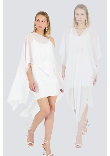 Ecru Ikili Takım Askılı Elbise Üstü Asimetrik Şal Kimono ( Dilerseniz Ayrı Ayrı Kullanabilirsiniz)