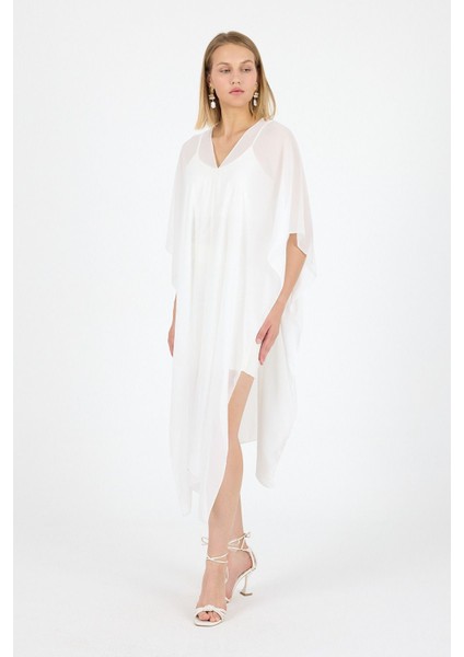 Ecru Ikili Takım Askılı Elbise Üstü Asimetrik Şal Kimono ( Dilerseniz Ayrı Ayrı Kullanabilirsiniz)