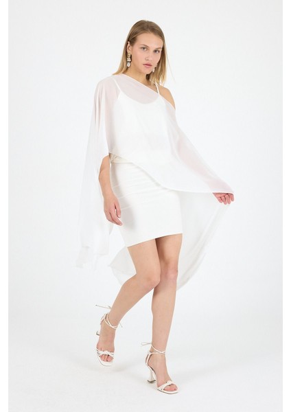 Ecru Ikili Takım Askılı Elbise Üstü Asimetrik Şal Kimono ( Dilerseniz Ayrı Ayrı Kullanabilirsiniz)