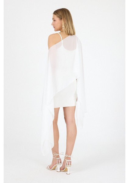 Ecru Ikili Takım Askılı Elbise Üstü Asimetrik Şal Kimono ( Dilerseniz Ayrı Ayrı Kullanabilirsiniz)