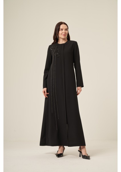 Si̇yah Swarovski̇ Taşlı Su Yolu Çi̇çek Desenli̇ Gi̇zli̇ Fermuarlı Ferace 6173-25 Siyah modelleri