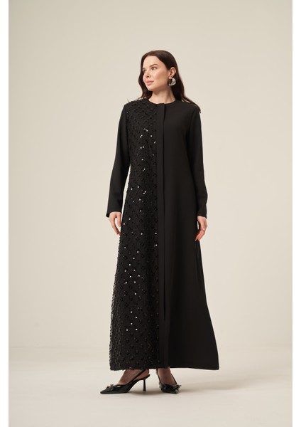 Si̇yah Tek Tarafı Papatya Desenli̇ Pul Boncuk Işlemeli̇ Gi̇zli̇ Fermuarlı Ferace - 6152-25 Siyah