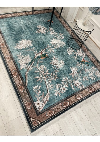 Soft Mavi Kuş Desenli Bordürlü Kaydırmaz Halı modelleri
