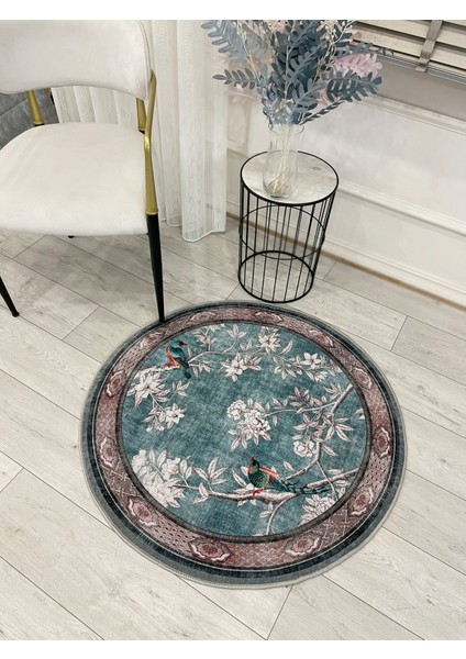 Soft Mavi Kuş Desenli Bordürlü Kaydırmaz Yuvarlak Halı