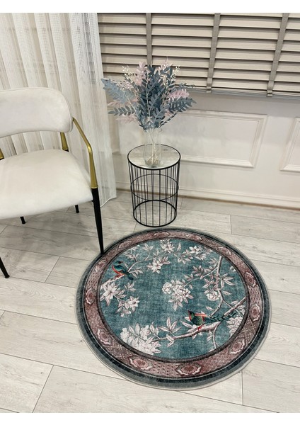 Soft Mavi Kuş Desenli Bordürlü Kaydırmaz Yuvarlak Halı fiyatları