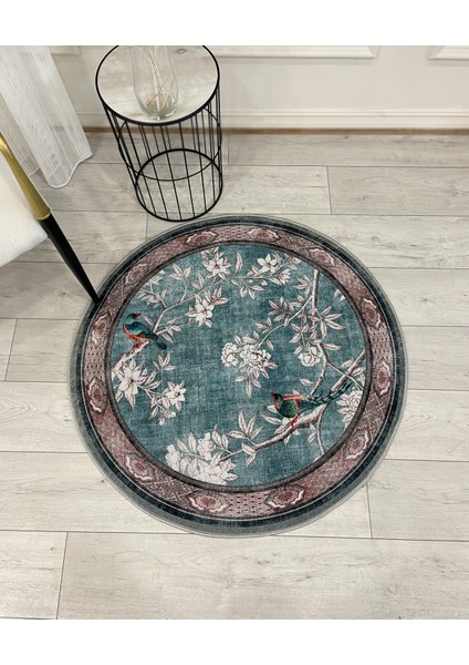 Soft Mavi Kuş Desenli Bordürlü Kaydırmaz Yuvarlak Halı modelleri