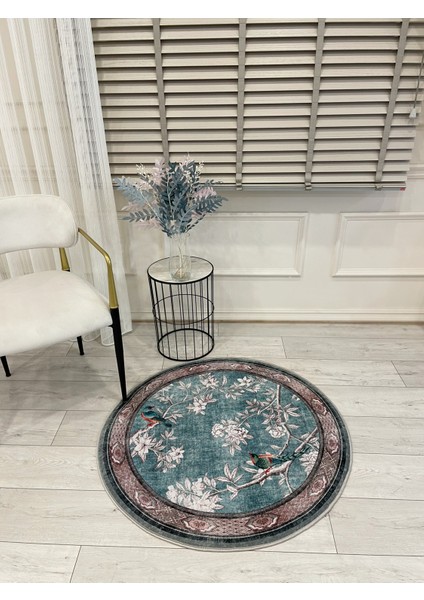 Soft Mavi Kuş Desenli Bordürlü Kaydırmaz Yuvarlak Halı fırsatları
