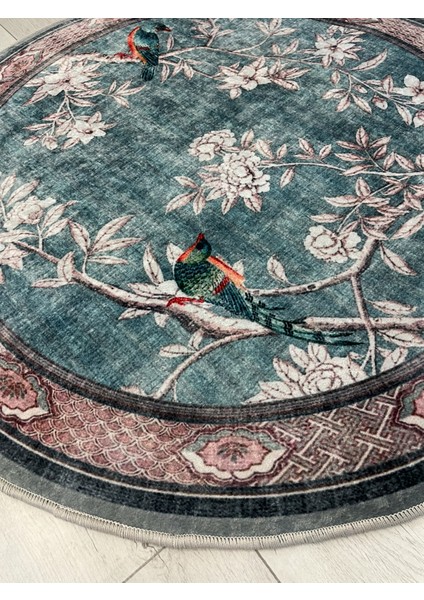 Soft Mavi Kuş Desenli Bordürlü Kaydırmaz Yuvarlak Halı indirimleri