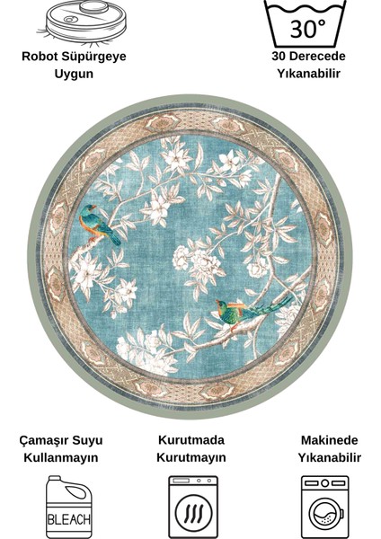 Soft Mavi Kuş Desenli Bordürlü Kaydırmaz Yuvarlak Halı