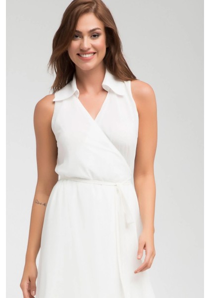 Ecru Gömlek Yaka Kruvaze Bağlamalı Asimetrik Şifon Elbise Gündüz Gece Şıklığı 24L7545 fiyatları