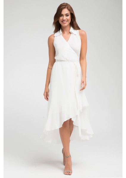 Ecru Gömlek Yaka Kruvaze Bağlamalı Asimetrik Şifon Elbise Gündüz Gece Şıklığı 24L7545 modelleri