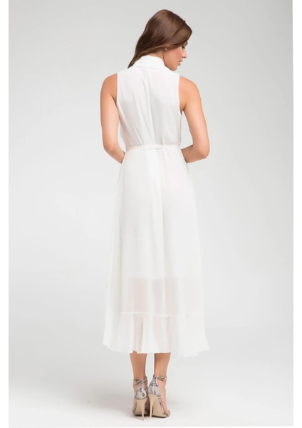 Ecru Gömlek Yaka Kruvaze Bağlamalı Asimetrik Şifon Elbise Gündüz Gece Şıklığı 24L7545 indirimleri