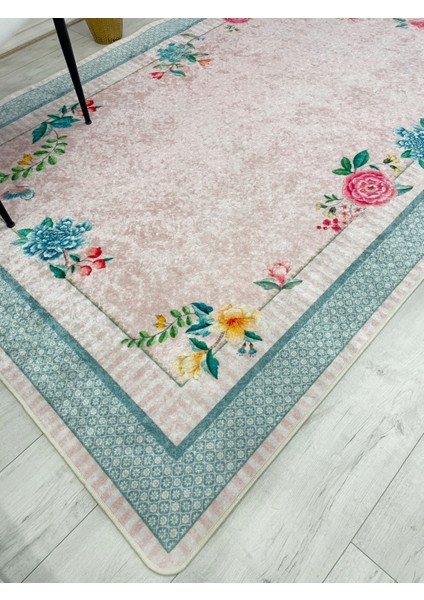 Mavi Renkli Zemin Gül Desenli Kaydırmaz Halı fırsatları