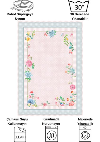 Mavi Renkli Zemin Gül Desenli Kaydırmaz Halı