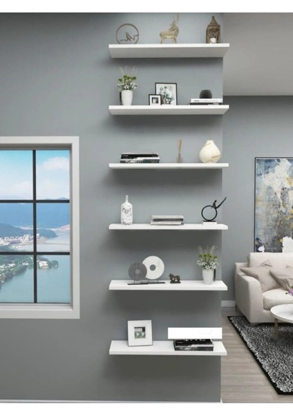 6 Adet 70X15 cm Beyaz Gizli Monte Duvar Rafı Uçan Kitaplık Seti fiyatları
