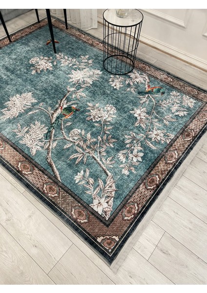 Soft Mavi Kuş Desenli Bordürlü Kaydırmaz Halı indirimleri