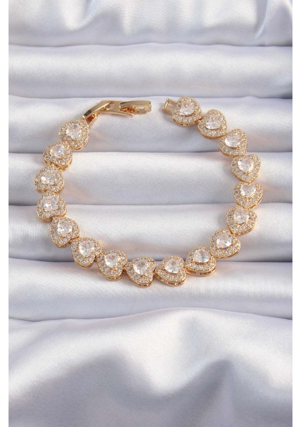 Pirinç Vip Seri Gold Renk Zirkon Taşlı Kalp Model Bileklik