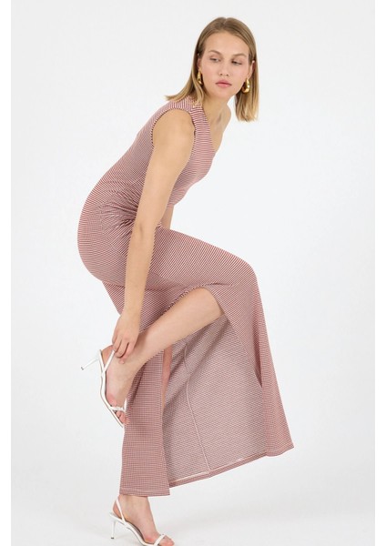 Tek Omuz Yırtmaç Tasarım Geometrik Desen Jakarlı Örme Elbise Gündüz Gece Şıklığı 25L7108