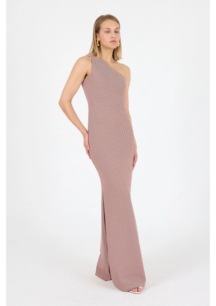 Tek Omuz Yırtmaç Tasarım Geometrik Desen Jakarlı Örme Elbise Gündüz Gece Şıklığı 25L7108 modelleri