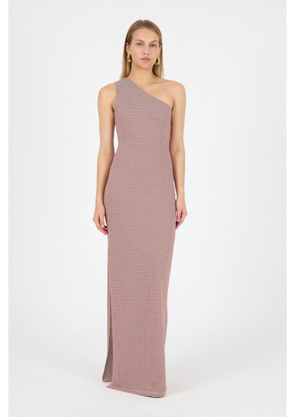 Tek Omuz Yırtmaç Tasarım Geometrik Desen Jakarlı Örme Elbise Gündüz Gece Şıklığı 25L7108