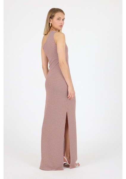 Tek Omuz Yırtmaç Tasarım Geometrik Desen Jakarlı Örme Elbise Gündüz Gece Şıklığı 25L7108