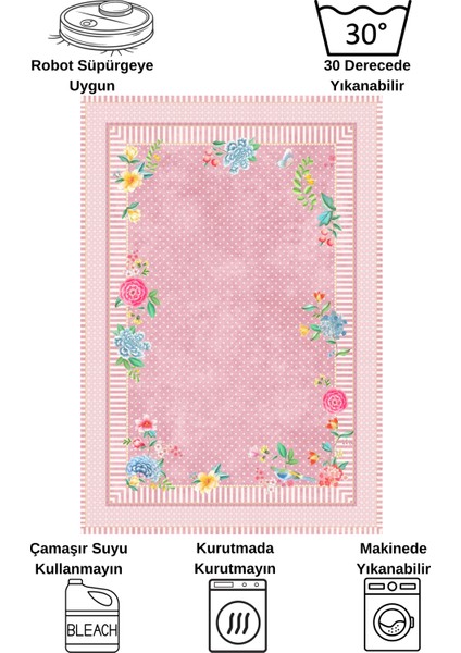 Pembe Renkli Zemin Gül Desenli Kaydırmaz Halı