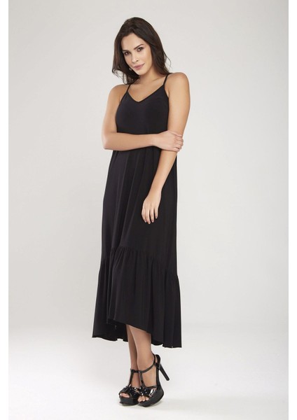 Siyah Sırtı Çapraz Askılı Etek Ucu Bloklu Asimetrik Elbise 24L7549 fiyatları