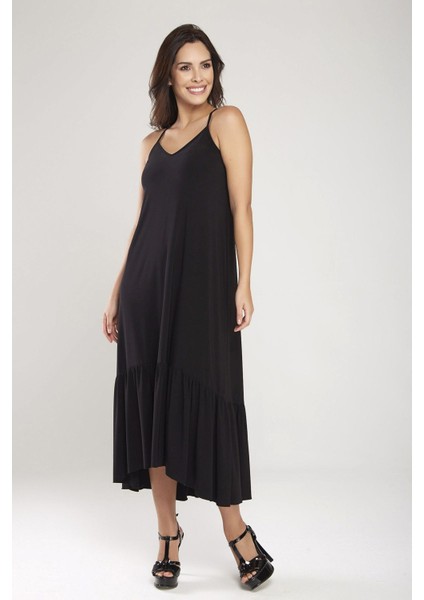 Siyah Sırtı Çapraz Askılı Etek Ucu Bloklu Asimetrik Elbise 24L7549 modelleri