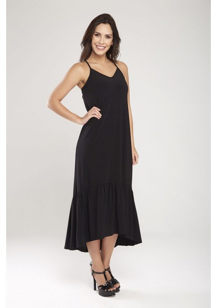 Siyah Sırtı Çapraz Askılı Etek Ucu Bloklu Asimetrik Elbise 24L7549 fırsatları