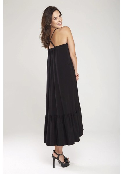 Siyah Sırtı Çapraz Askılı Etek Ucu Bloklu Asimetrik Elbise 24L7549 indirimleri