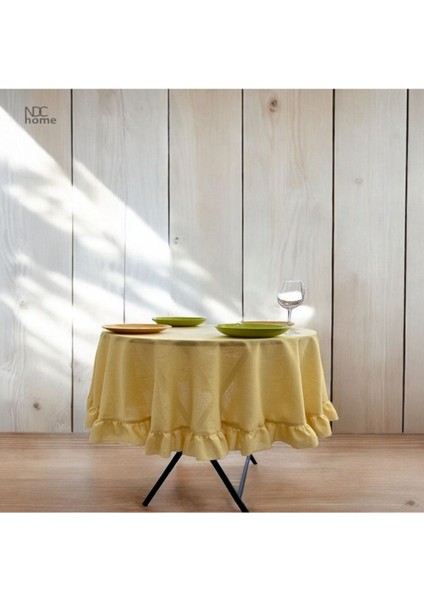 Sarı Keten Fırfırlı Yuvarlak Masa Örtüsü, Şık ve Doğal Görünüm Sağlar. fiyatları